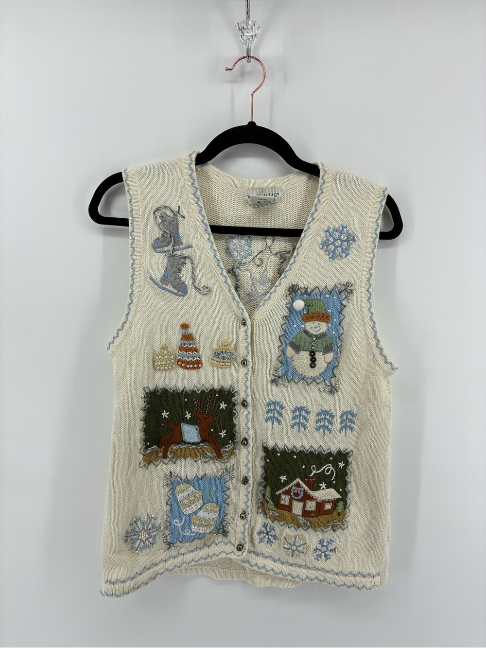 Cream Holiday Knit Vest with Snowman & Winter Patchwork